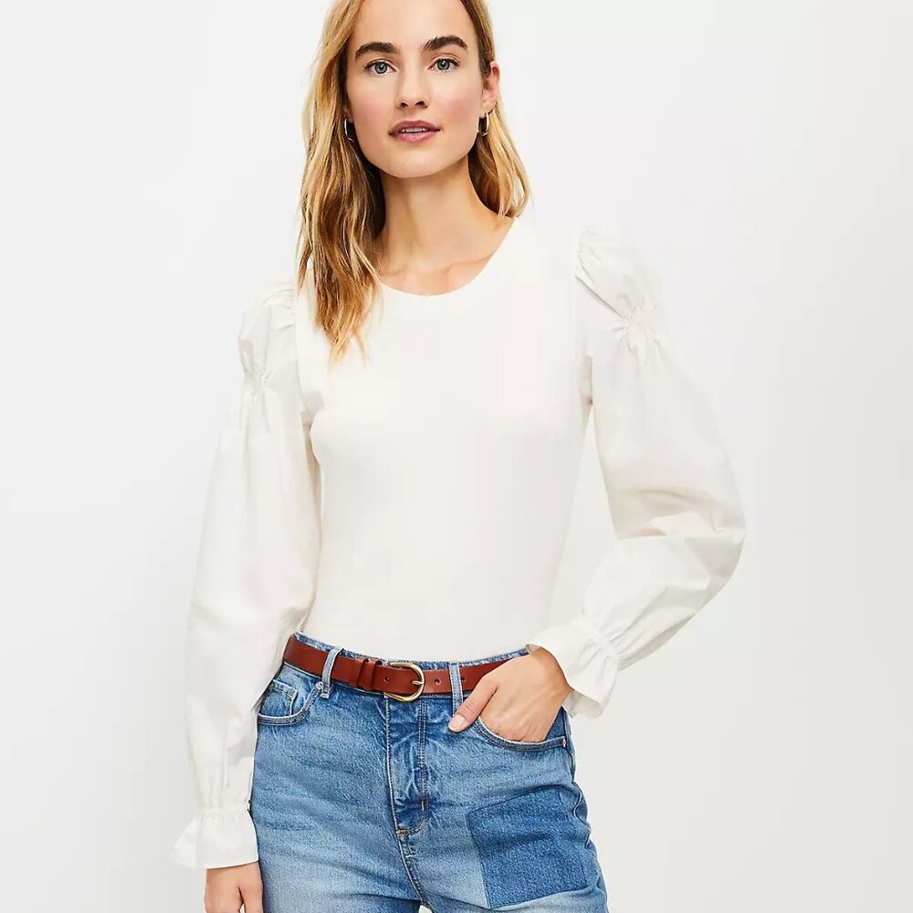 NWT LOFT Ruffle Cuff Mixed Media Blouse, S